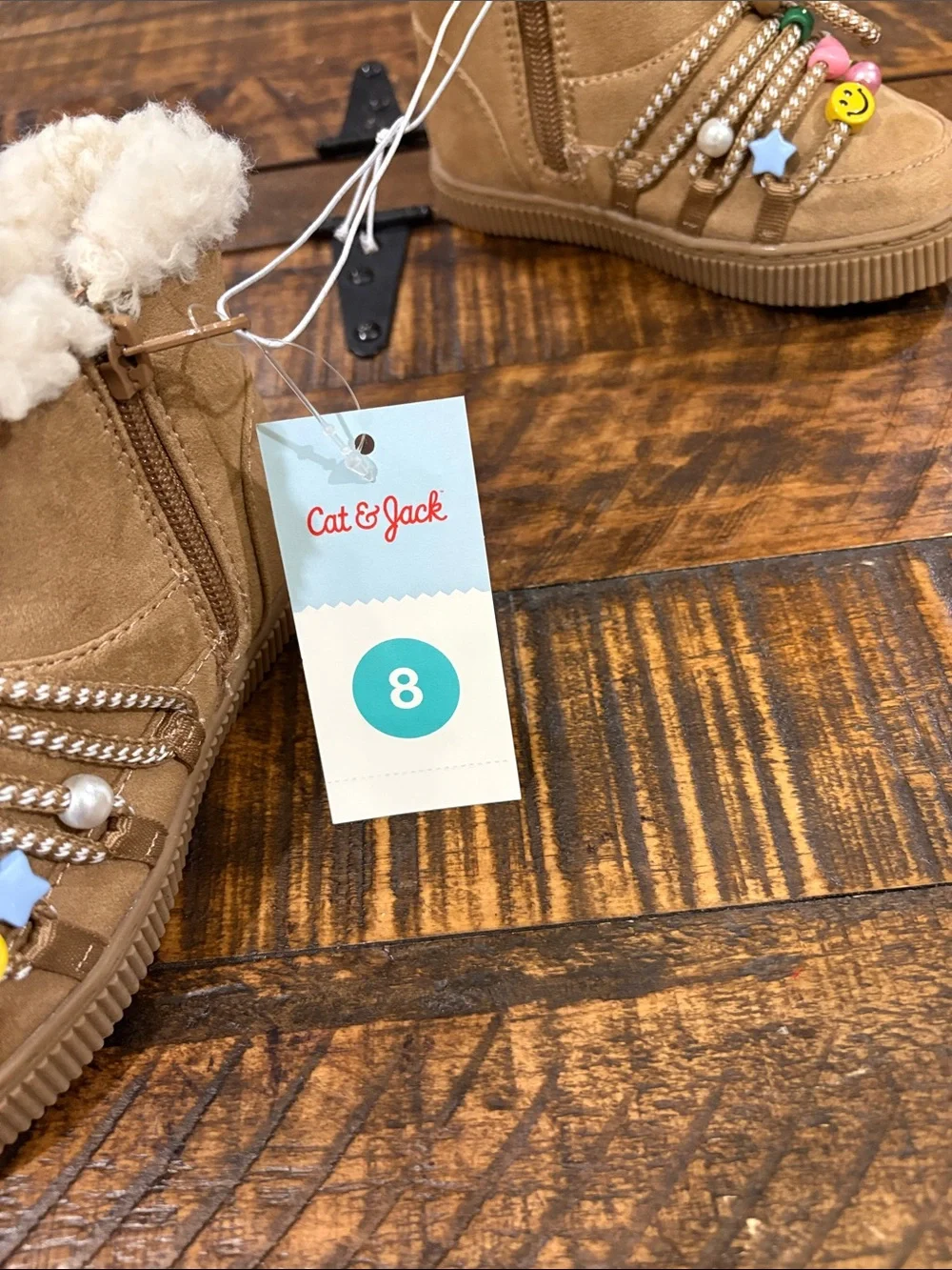 Cat & Jack Tan Faux-Shearling Kids Boots with Beaded Laces